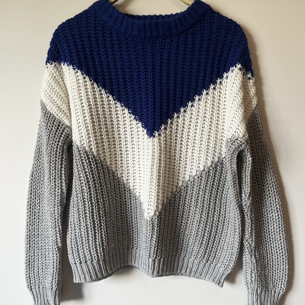 Garage Blue, White, and Gray Knit Sweater.
